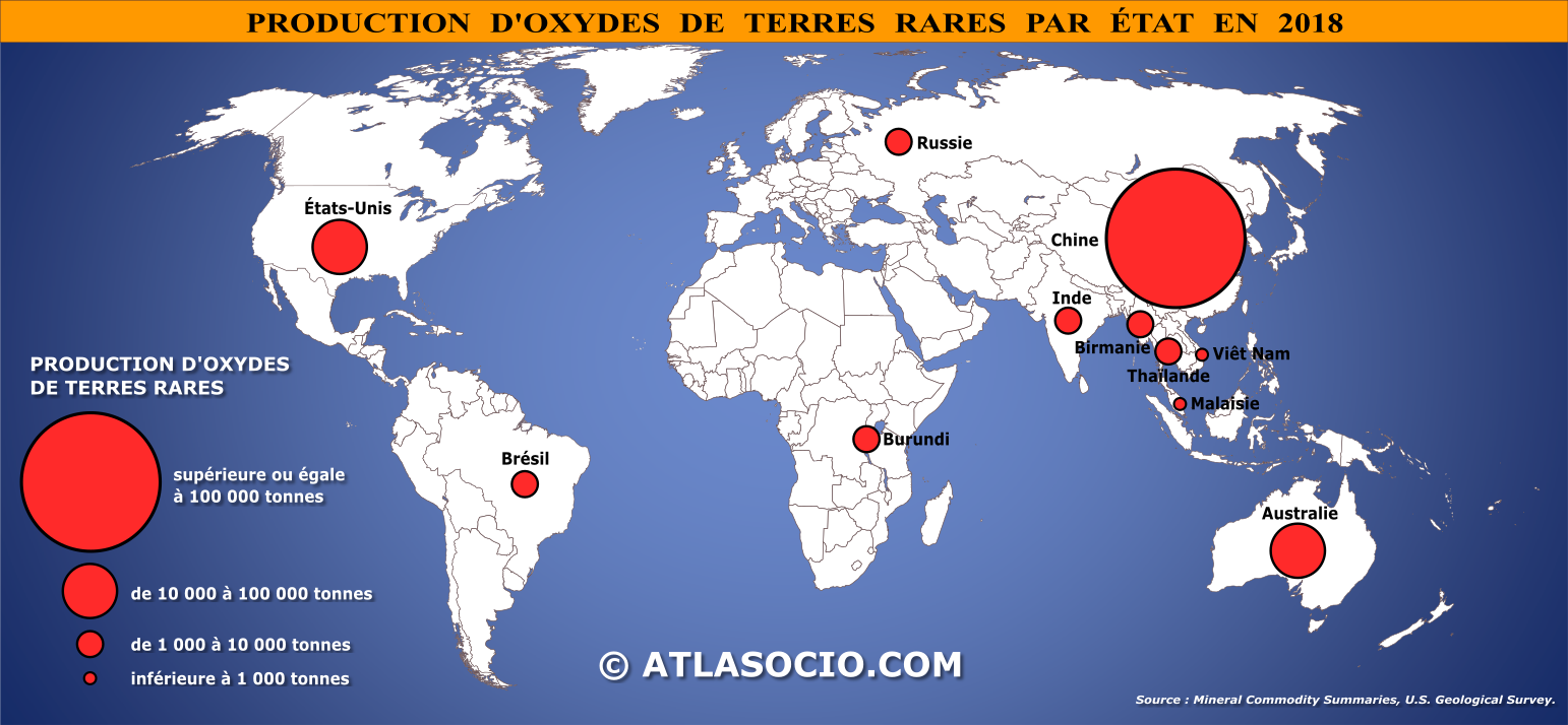Carte monde production terres rares oxydes en 2018 atlasocio