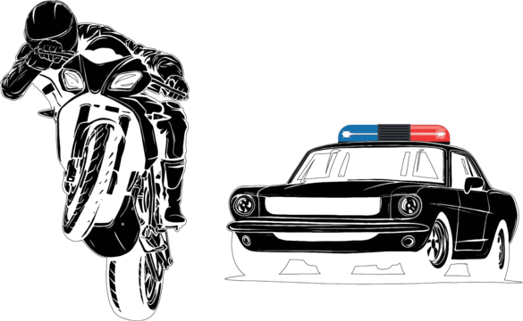 Pngtree a criminal on a motorcycle being pursued by a black silhouette police car vector png image 39610360
